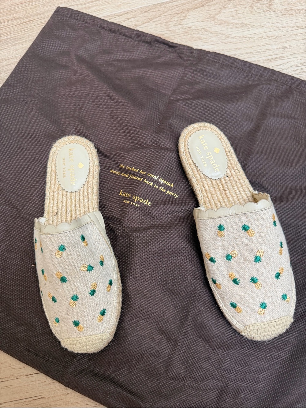 kate spade Beige Espadrille Slide with Gold and Green Pineapple Embroidery
